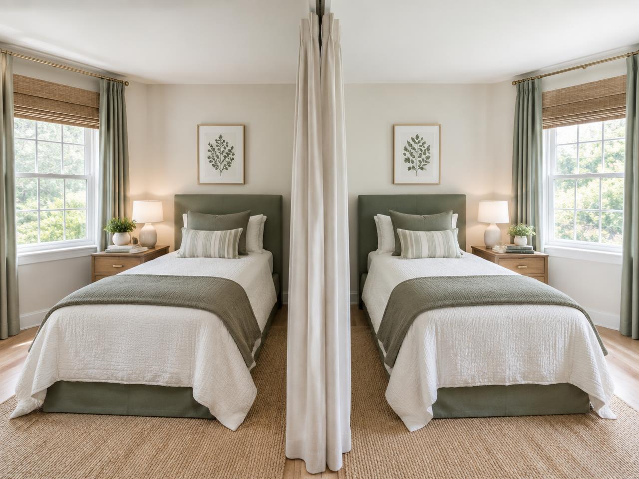 A shared bedroom with two made beds divided down the middle by a privacy curtain